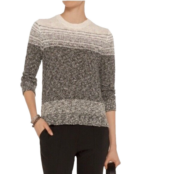 Theory Sweaters - Theory Rainee Marled Knit Ombre Stripe Crewneck Sweater Cream Black Size Small